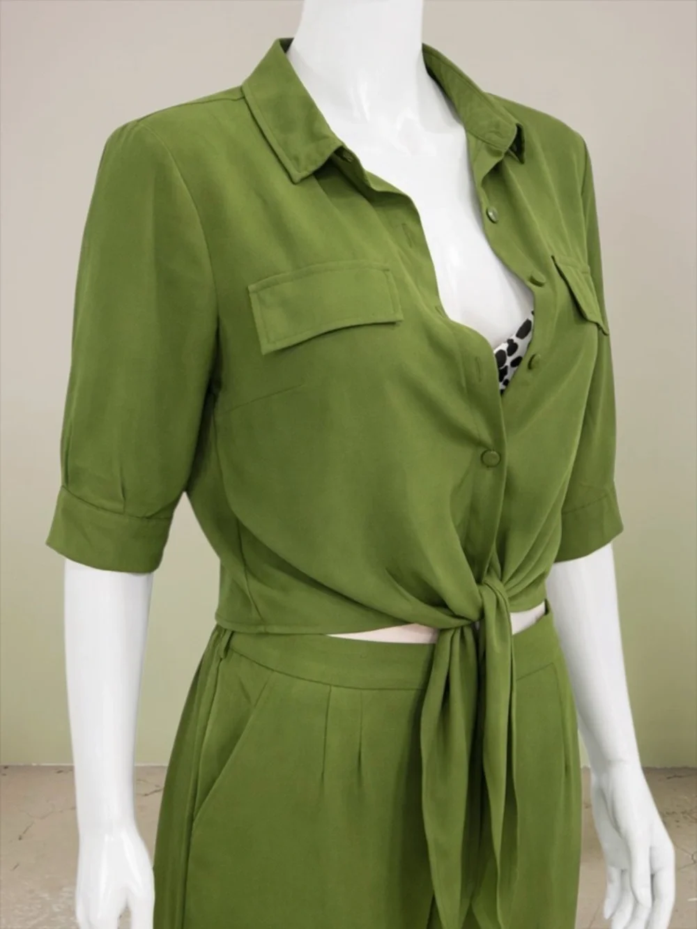 Women's Olive Green Tie-Front Jumpsuit
